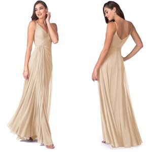 Azazie Evalin Champagne nude neutral mesh stretch maxi dress size 6